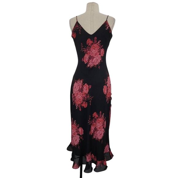 Y2K Express Midi Slip Dress Sz 7/8 Black Red Floral Ruffle High Low Dark Romanti - Picture 3 of 10